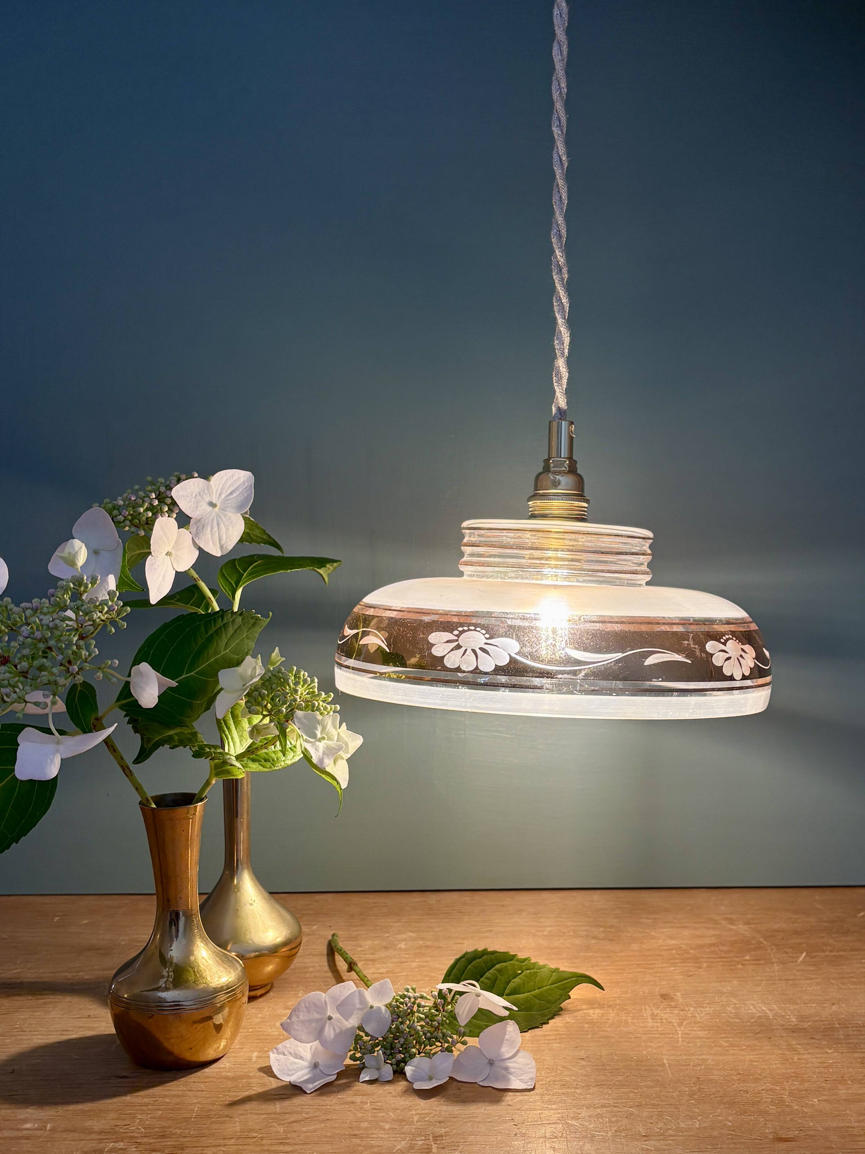 Vintage frosted glass pendant lampshade with gold frieze