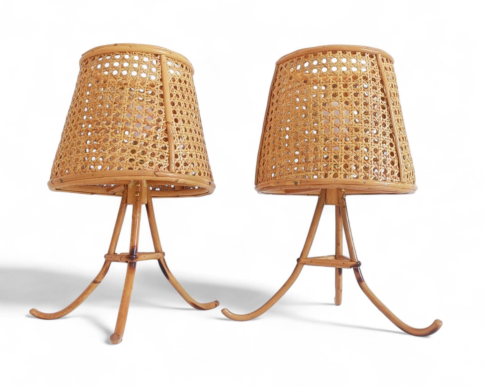 Mid-Century Bamboo and Cane Pair of Large Table Lamps By Louis Sognot, 1970s