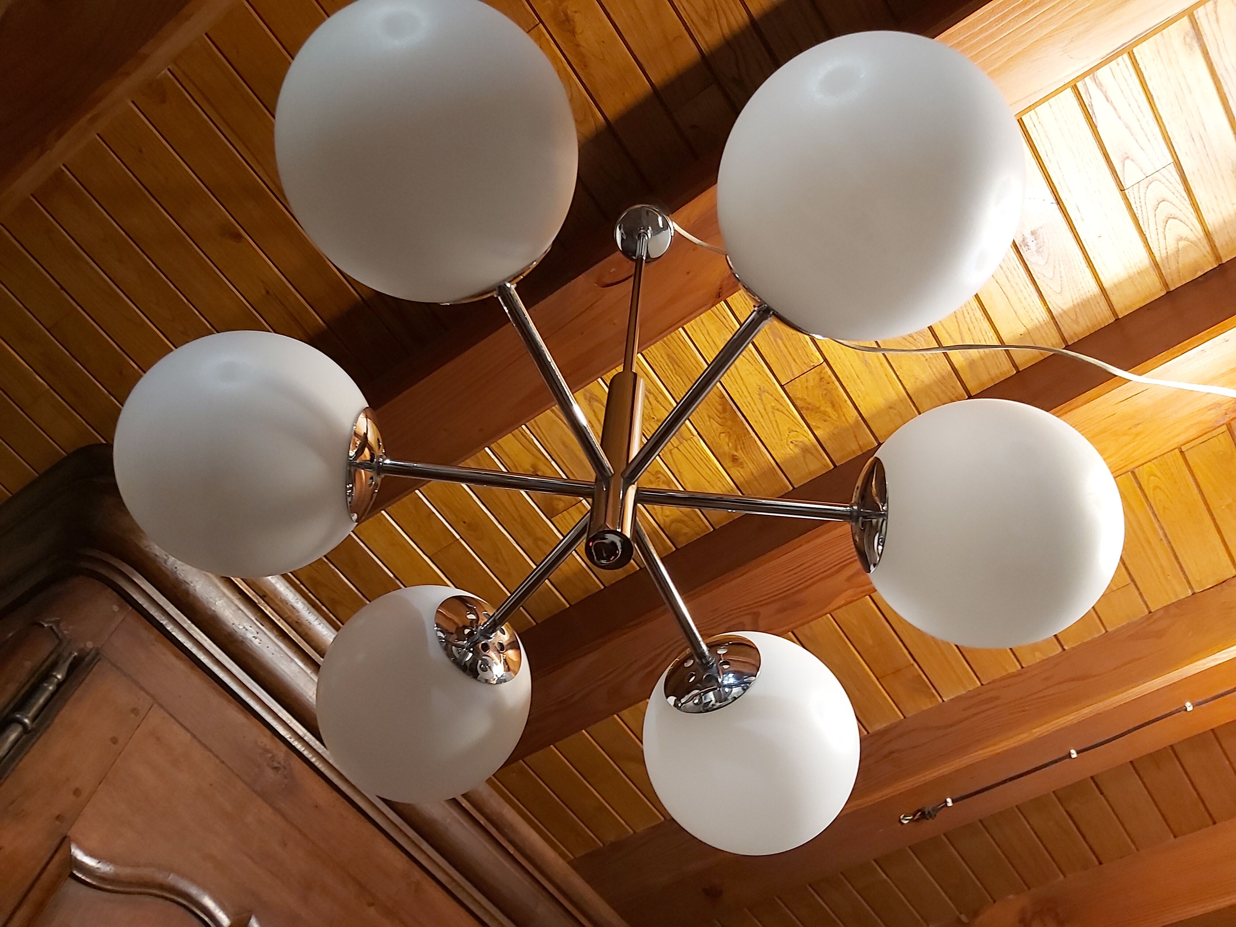 Chrome Sputnik chandelier and white frosted glass globes