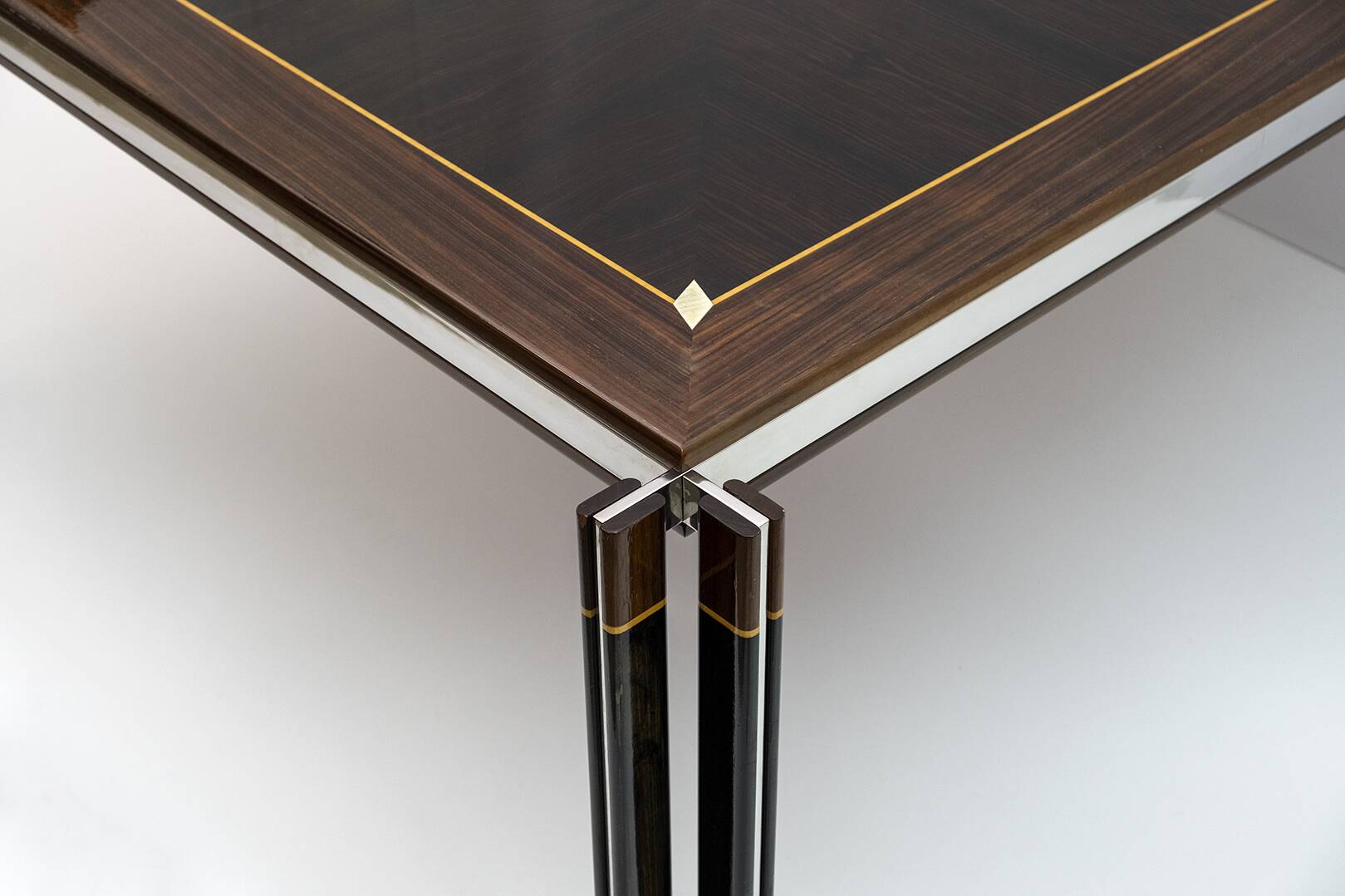 Paolo Barracchia Italian Steel and Inlaid Wood Dinning Table by Roman Deco
