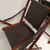 Pair of vintage "safari" folding armchairs in mahogany and leather