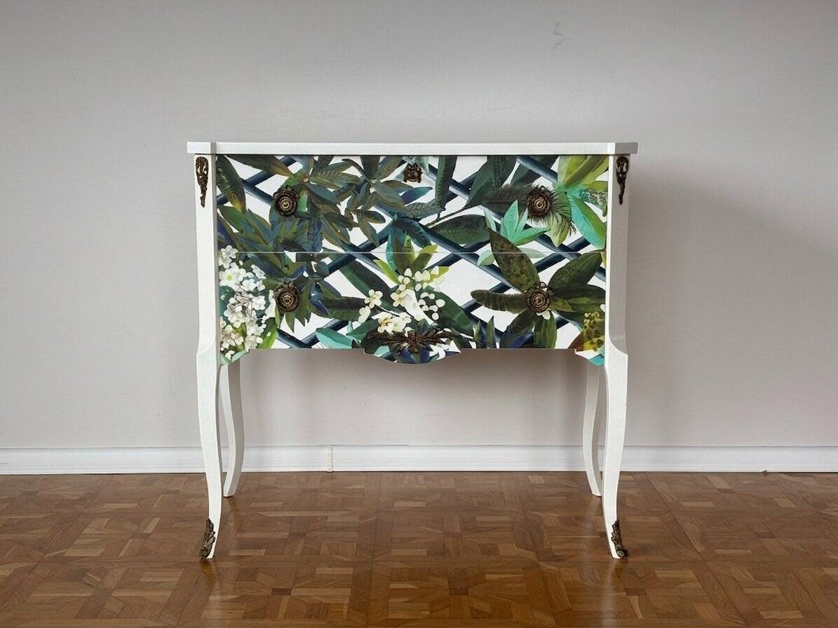 Gustavian commode with wallpaper from Christian Lacroix, 1950s