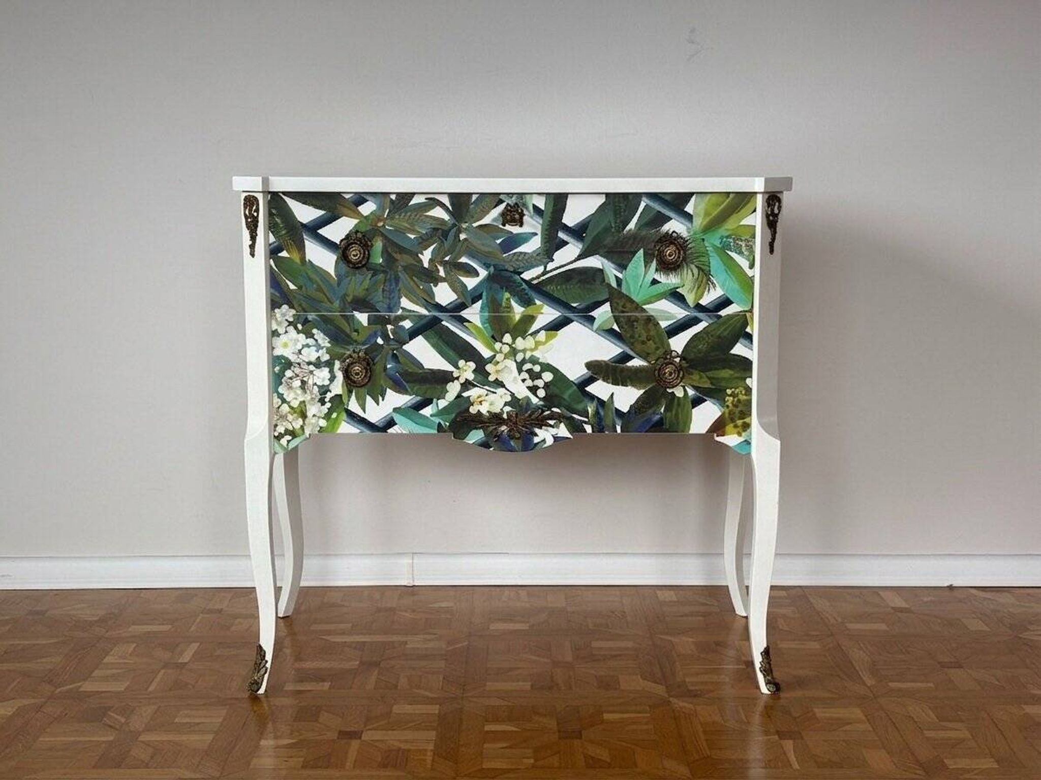 Gustavian commode with wallpaper from Christian Lacroix, 1950s