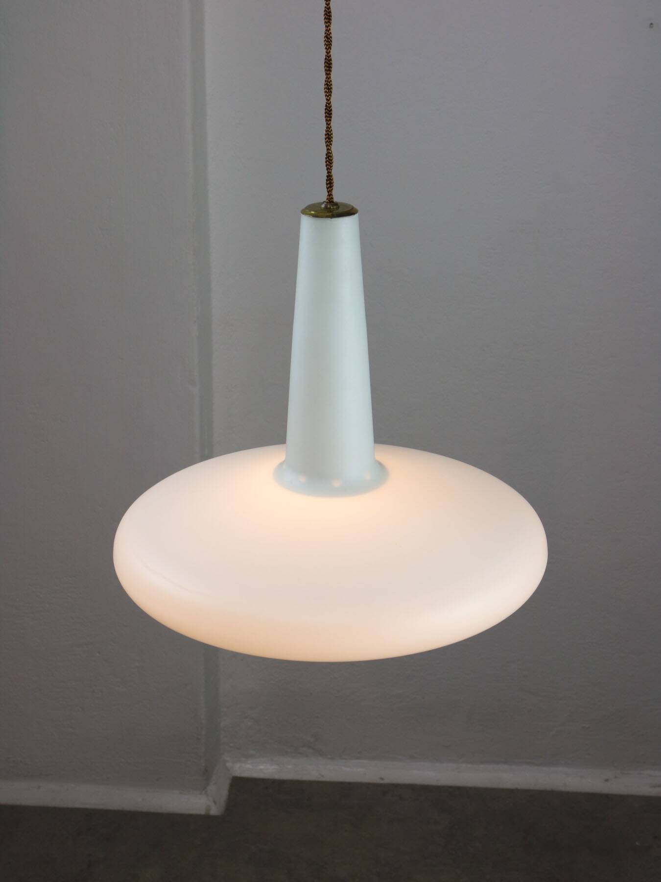 Mid-century italian brass and opaline hat pendant lamp