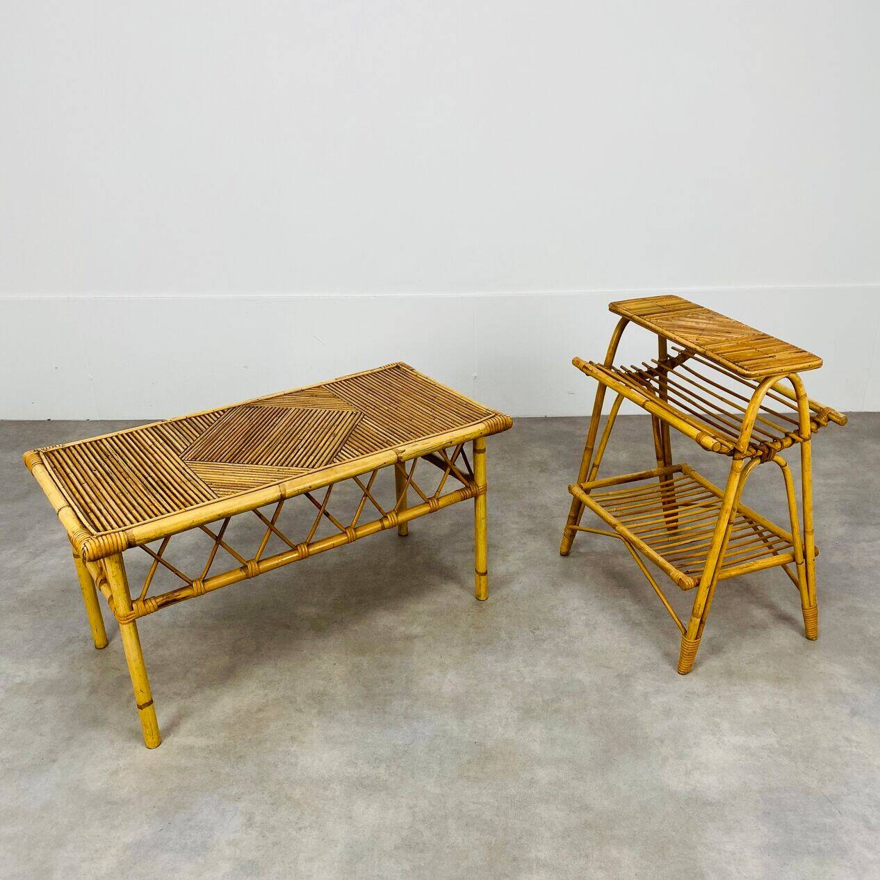 1960s rattan and bamboo coffee table, with its magazine rack.