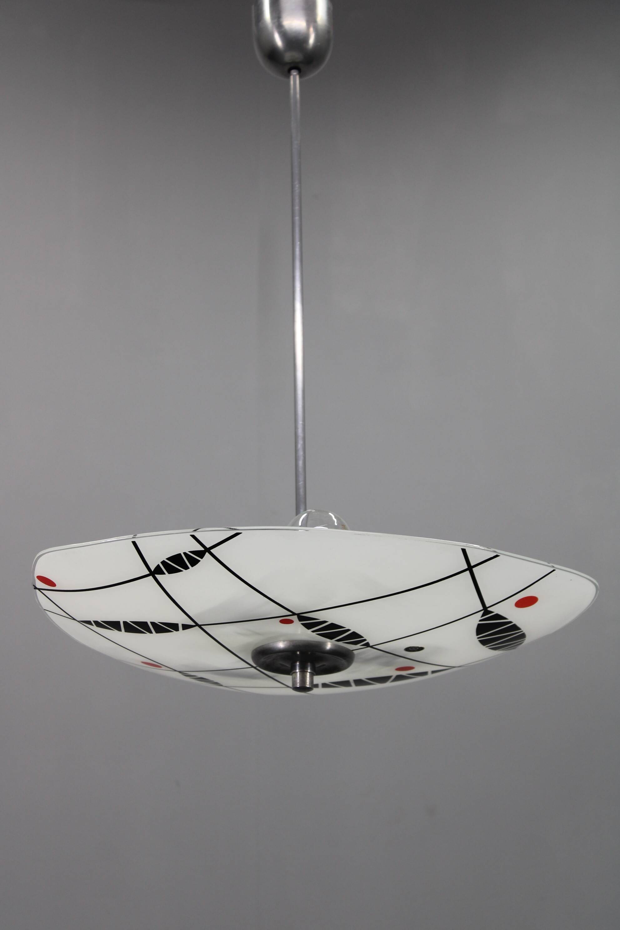 Mid-century pendant chandelier, chromed metal and glass, Czechoslovakia 1970s