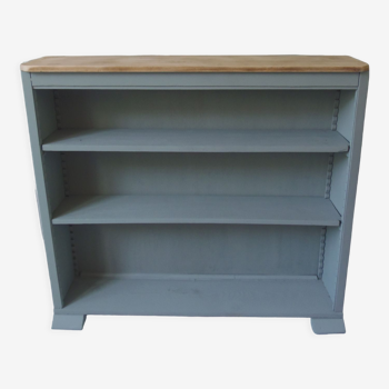 Vintage shallow bookcase, re-enchanted in gray green, wooden tray.