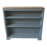 Vintage shallow bookcase, re-enchanted in gray green, wooden tray.
