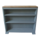 Vintage shallow bookcase, re-enchanted in gray green, wooden tray.