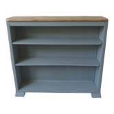Vintage shallow bookcase, re-enchanted in gray green, wooden tray.