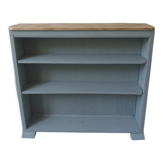 Vintage shallow bookcase, re-enchanted in gray green, wooden tray.