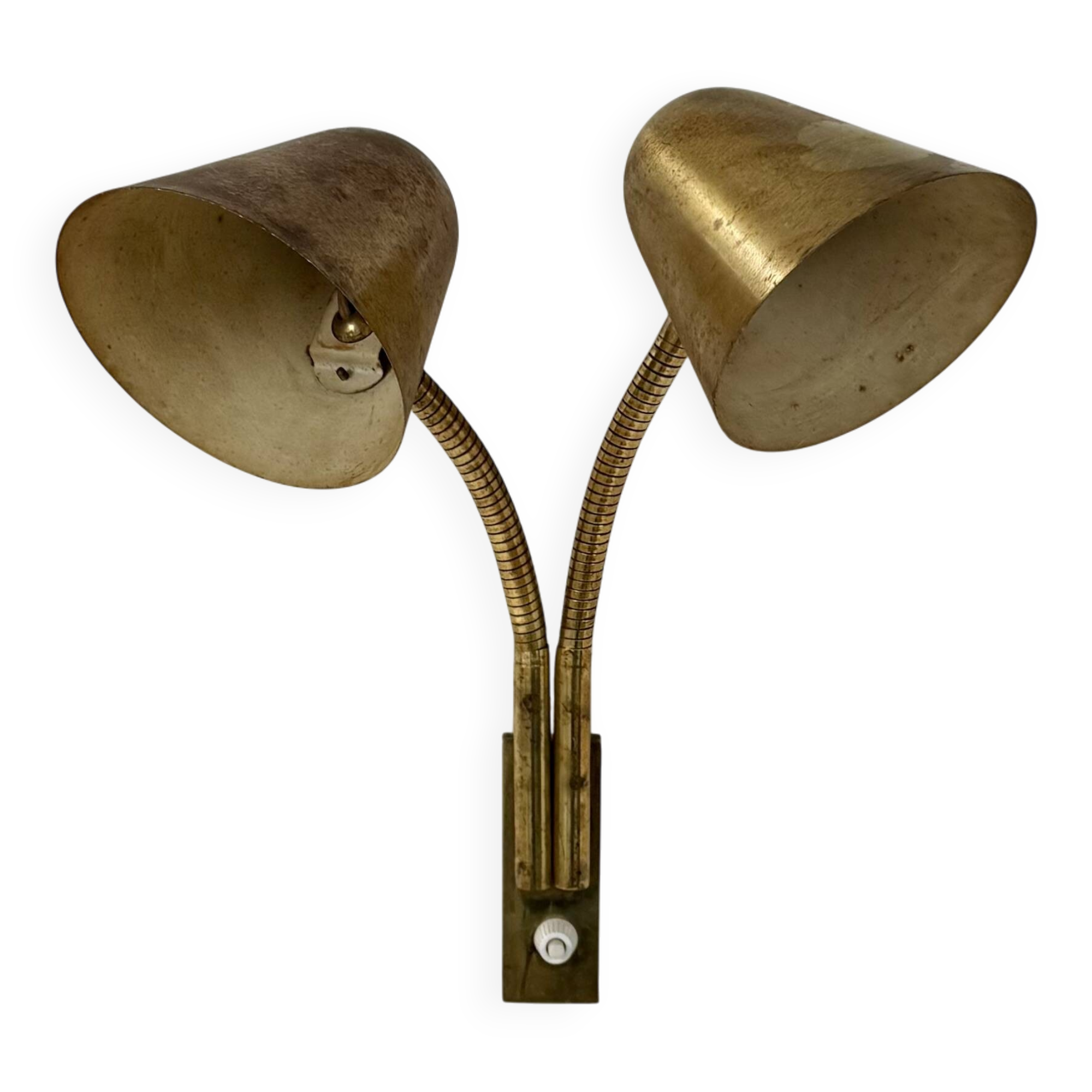 Double orientable vintage patinated brass wall light, Jacques Biny France 1950.