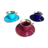 3 cups and mocha saucers in red and green colours