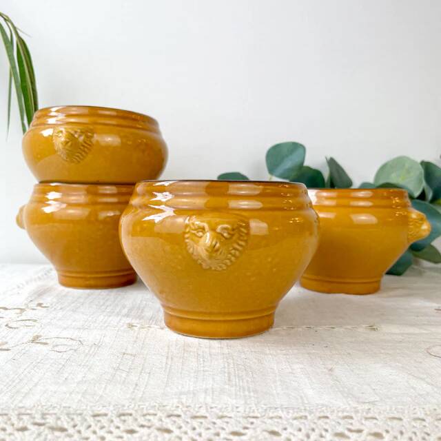 4 lion's head onion soup bowls in vintage ceramic - honey and black, made in France.