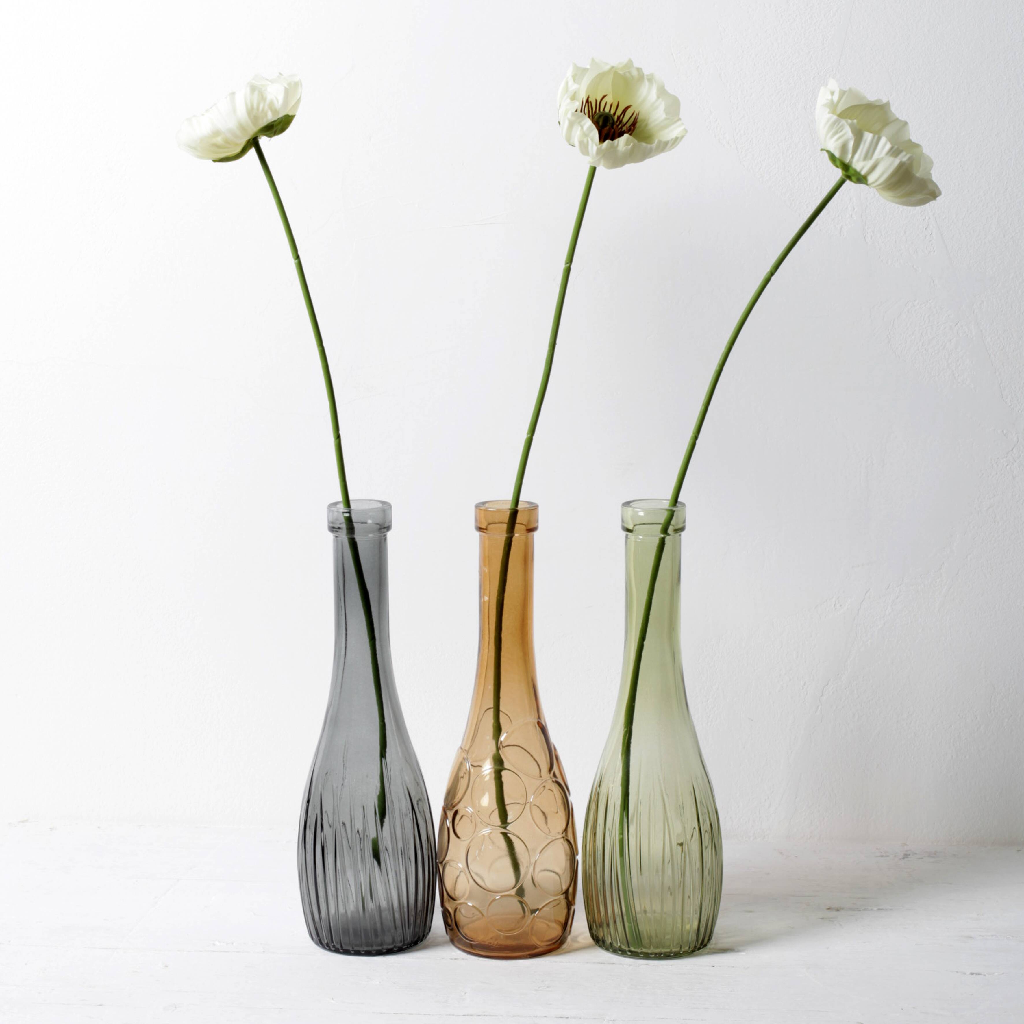 Set of 3 Grey, Green and Amber Glass Vases / Colored Bottles / Ikea / 2000s