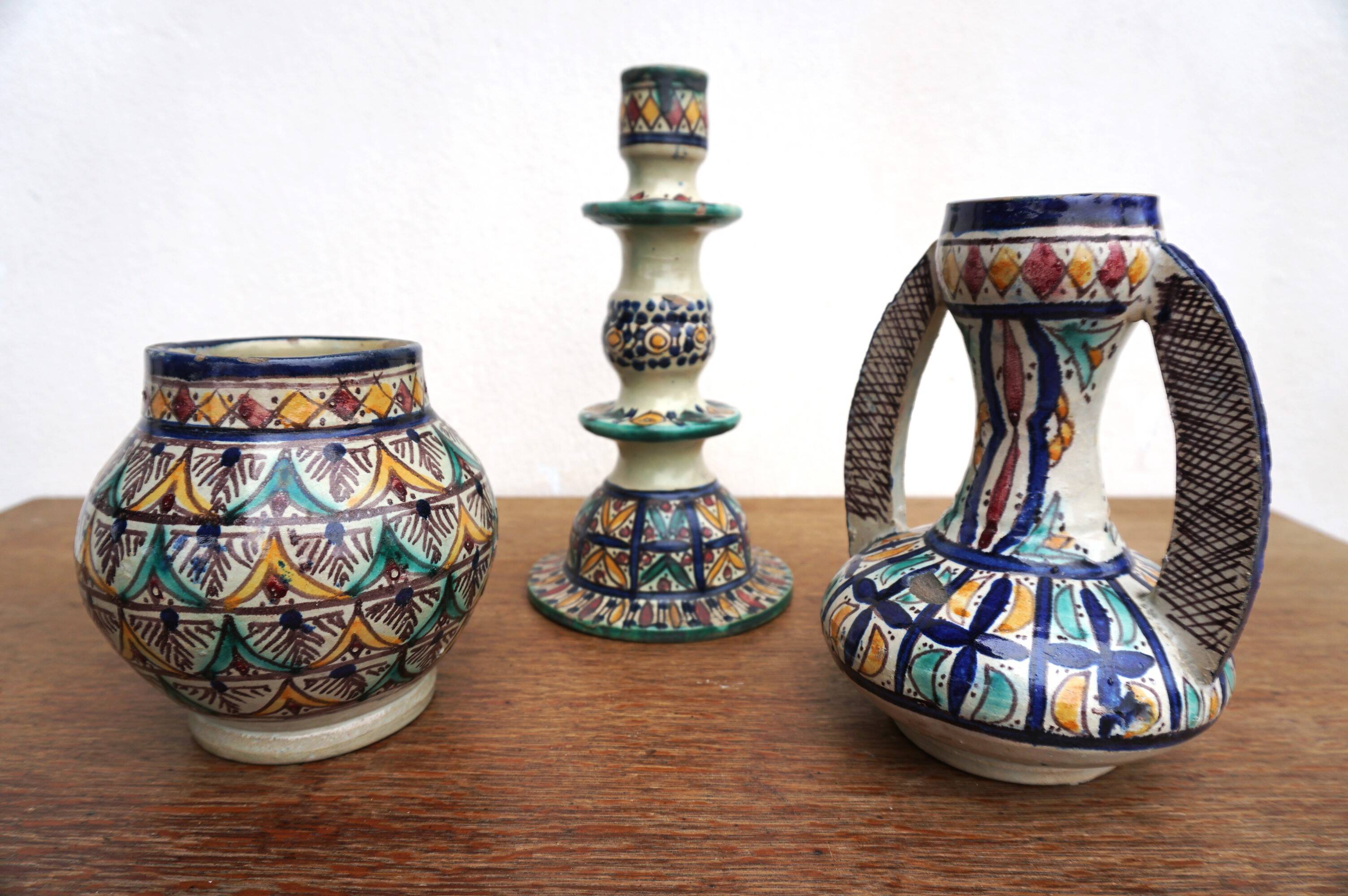 Moroccan handicraft ceramic candle holder, pot and vase set