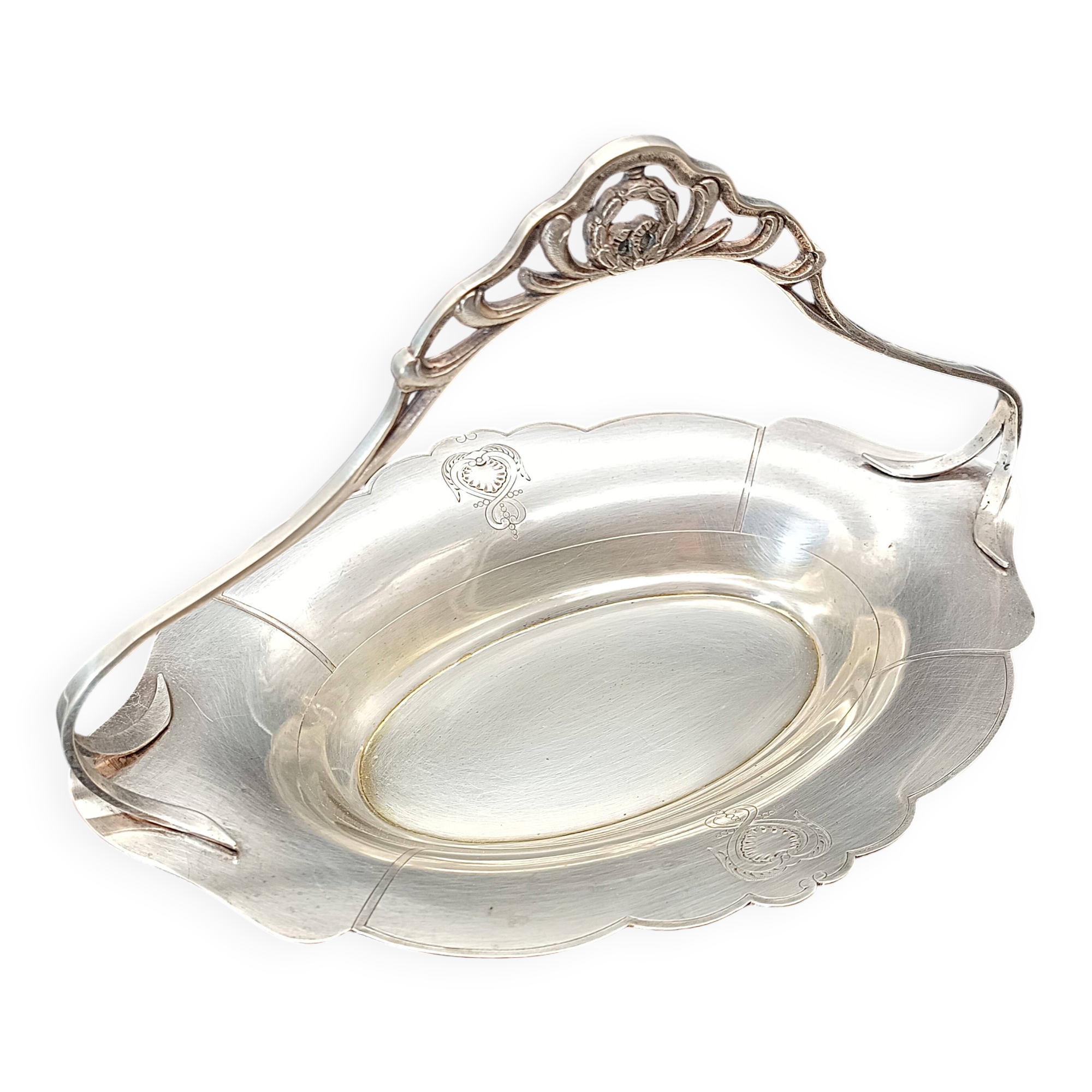 Antique silver-plated metal basket with handle, Phénix silversmith, Art Nouveau.