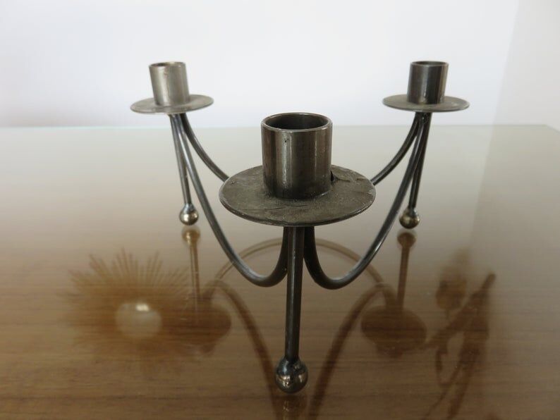 Tripod candlestick in crude steel for 3 candles 70s