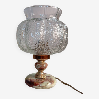 Marble and brass table lamp, textured transparent glass globe, retro chic