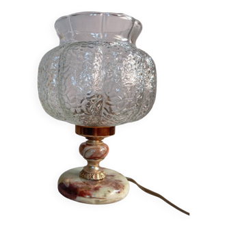 Lampe de table marbre et laiton, globe verre transparent texturé, rétro chic
