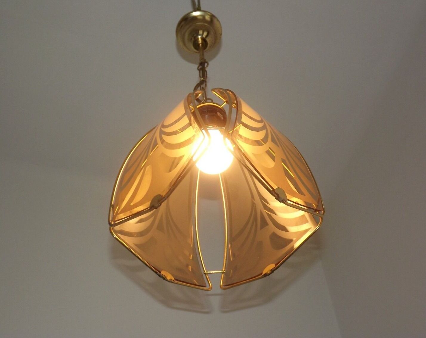 French ceiling light in gold metal with 4 decorative glass panels.