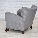 1950s, Danish armchair, furniture fabric, carved oak wood.