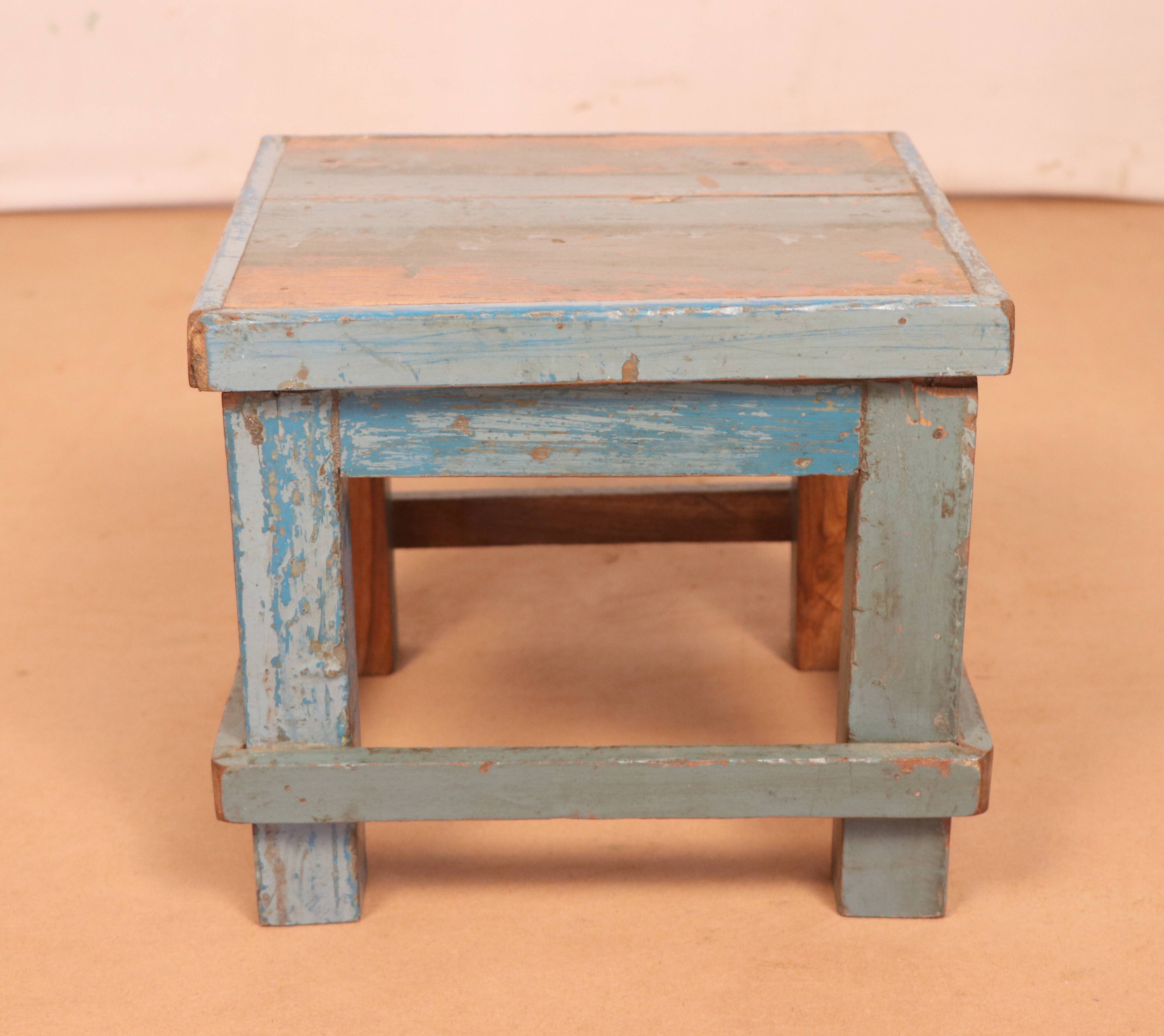 Old small workshop bedside table in Burmese teak original blue patina / ideal in fifth wheel p