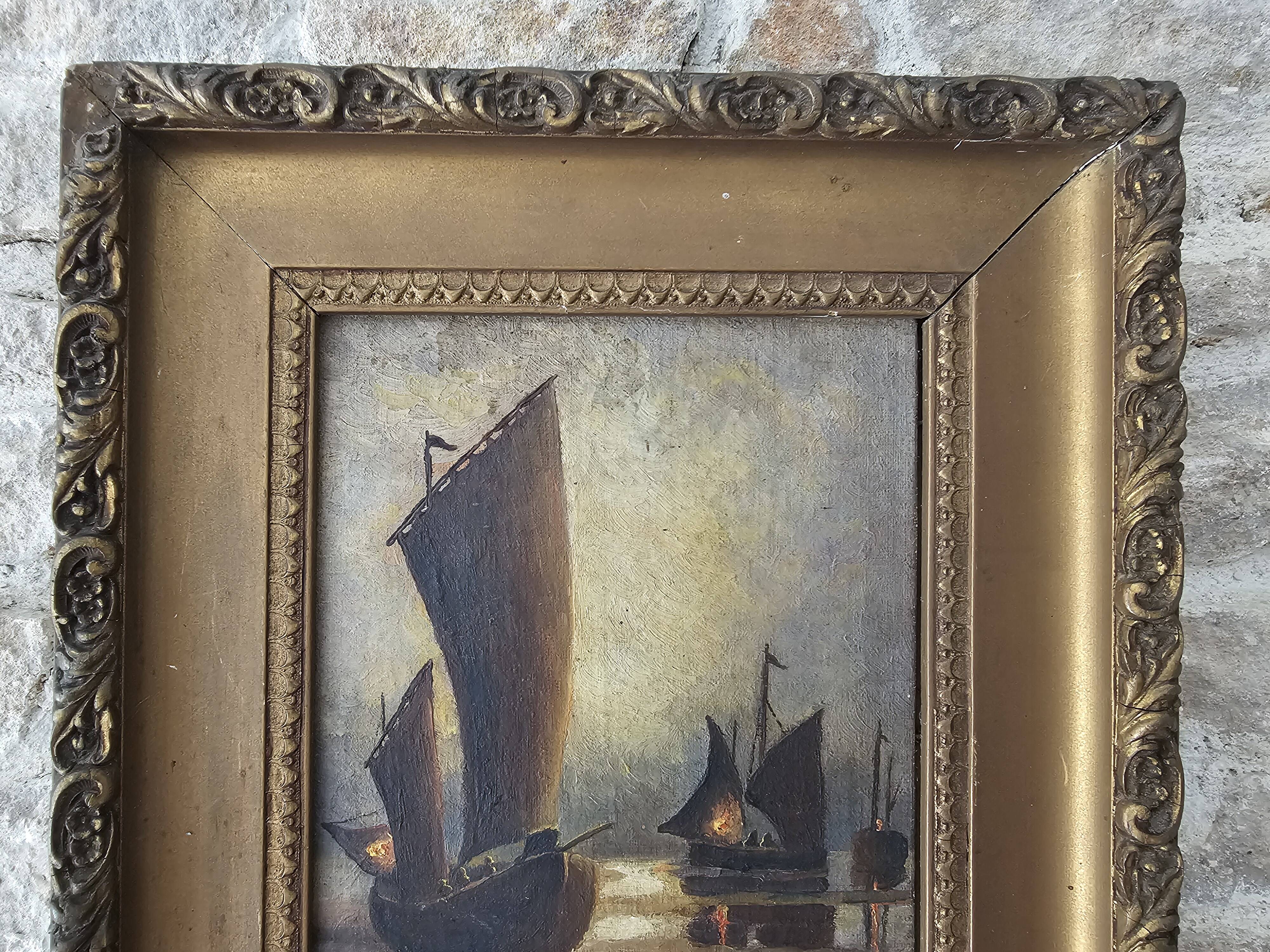 Oil Painting on Cardboard Landscape Sailboats Marine Early 20th Century - M.T. Flabault