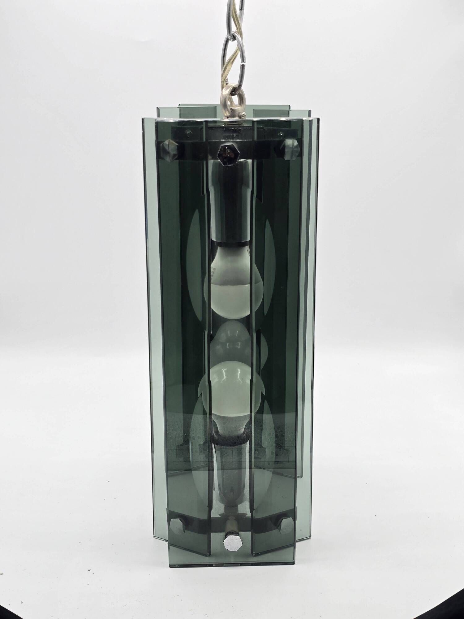 Green-grey glass and chrome metal suspension, in the style of Fontana Arte.