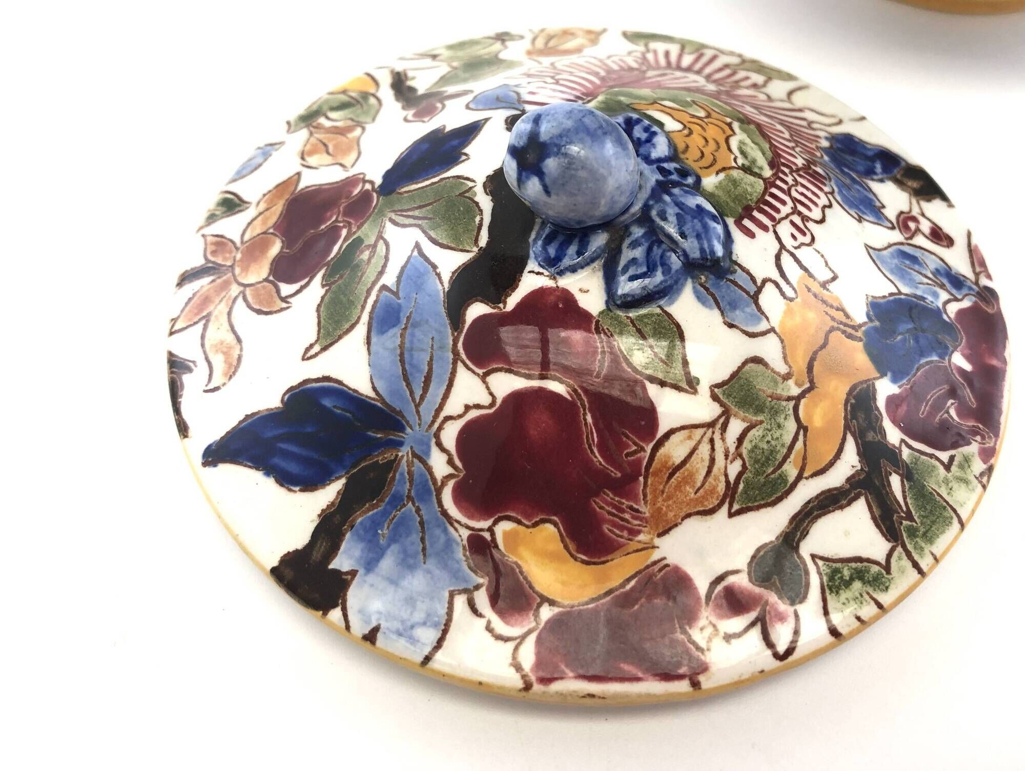 Old Sugar Bowl Candy Box Covered Earthenware Pot Gien Peonies