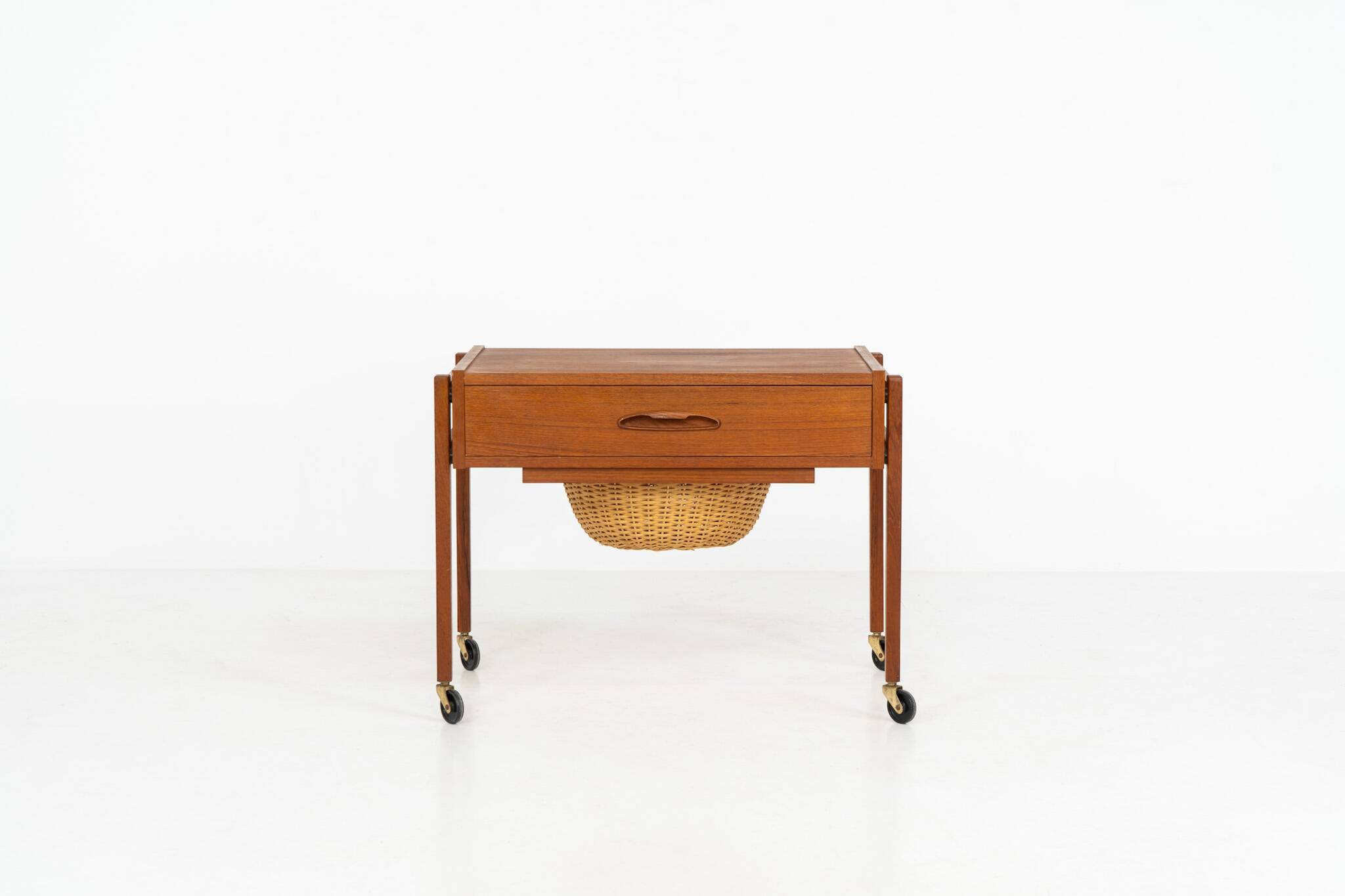 Teak sewing trolley / side table on castors
