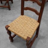 Set of 8 Brutalist Mid-Century Chairs in Wood and Wicker, Belgium ca. 1970