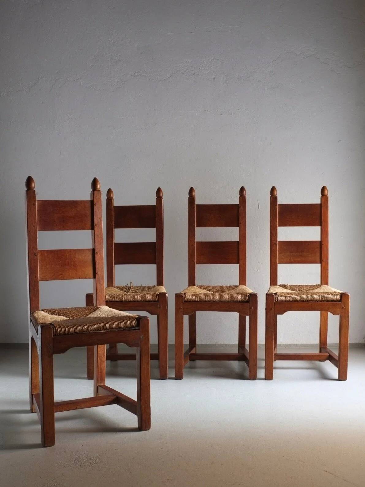 4 brutalist oak rush seat chairs | France | 1960s