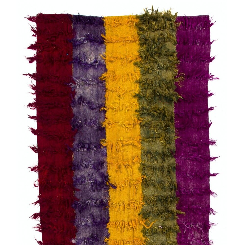 Vintage Hand-Knotted Tulu Runner Rug in Red, Purple, Yellow, Green and Magenta, 100% Mohair Wool