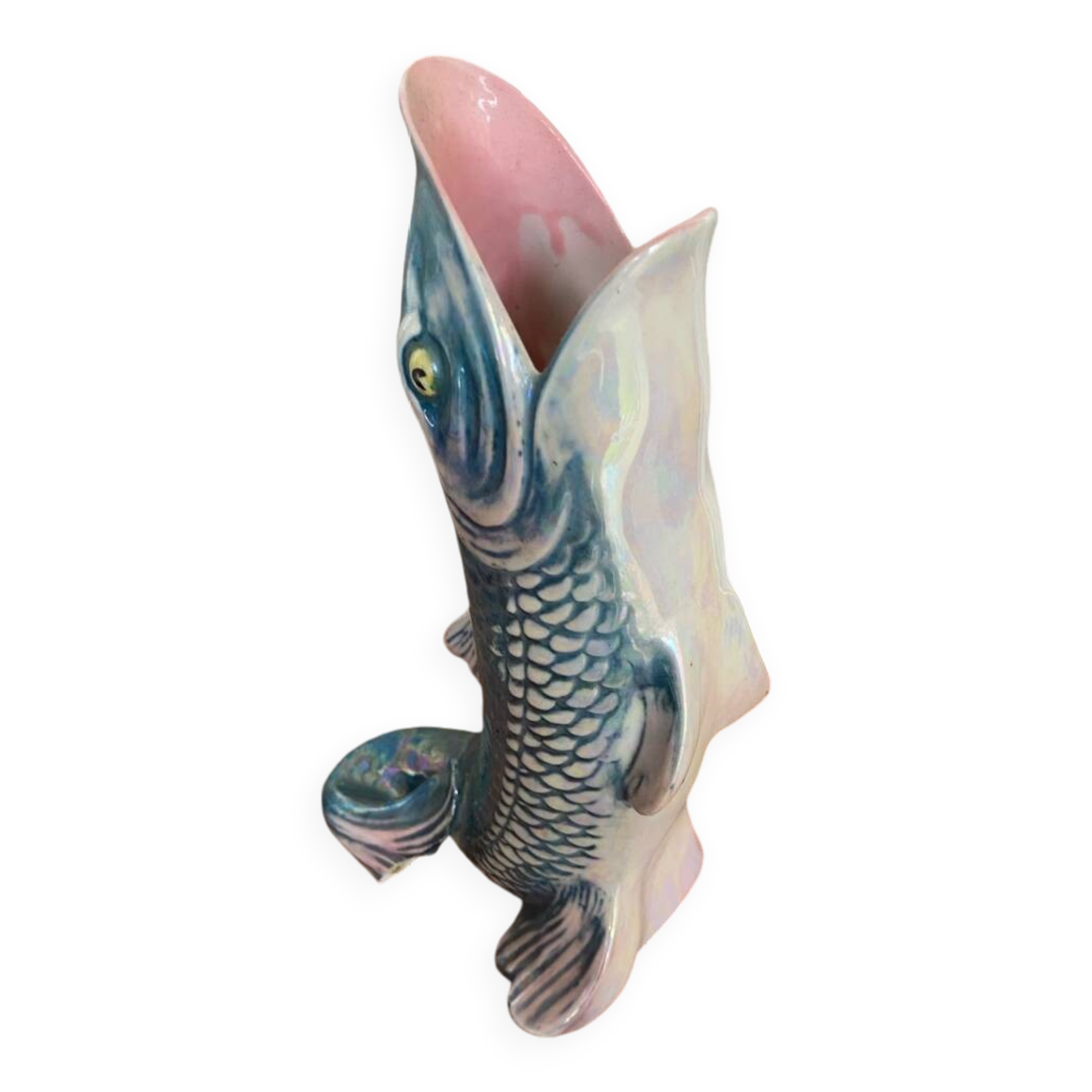 Antique fish shaped vase porcelain from france iridescent vintage