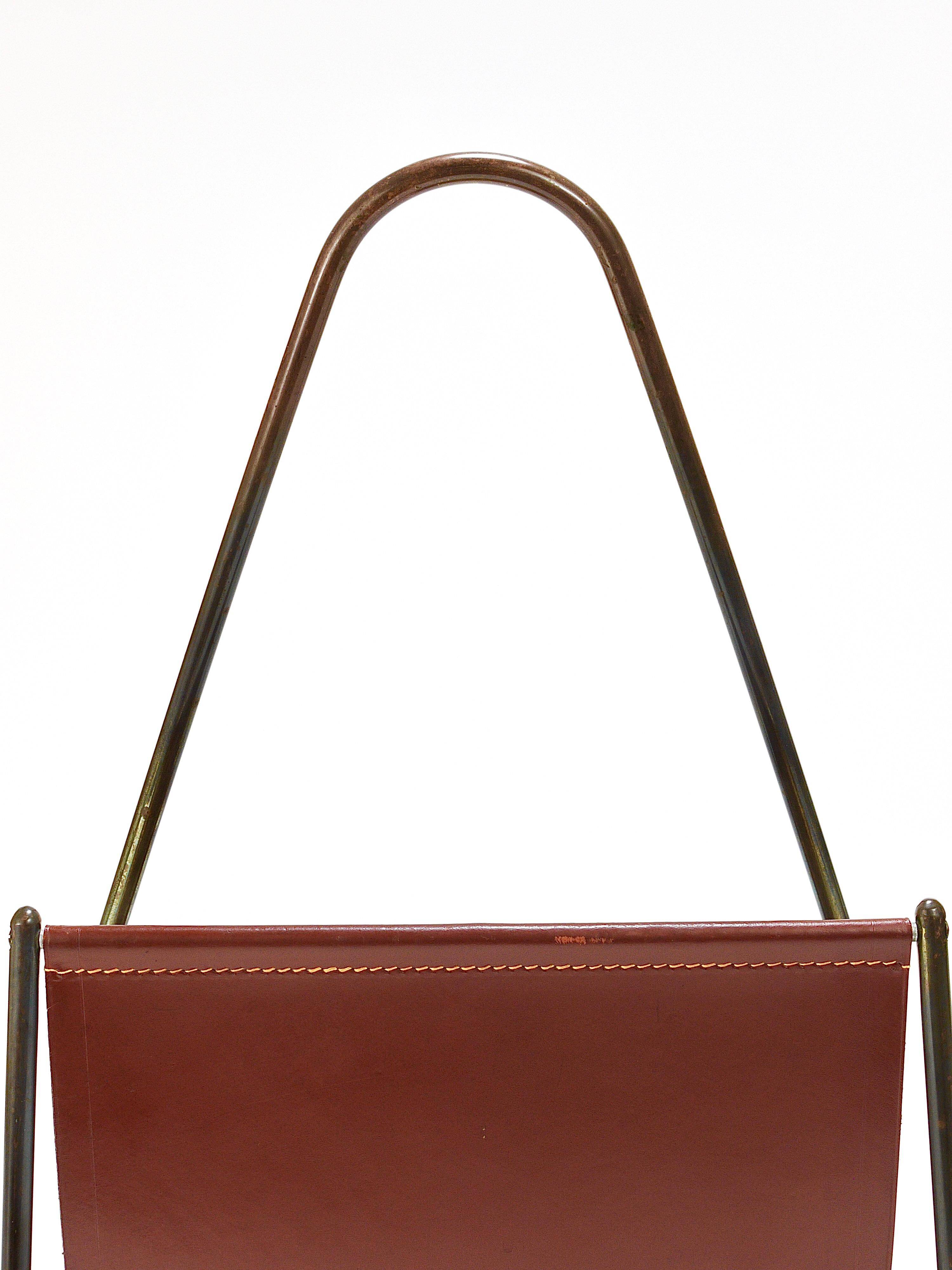 Carl Auböck II Magazine rack Midcentury, brass and brown leather, vintage, Austria