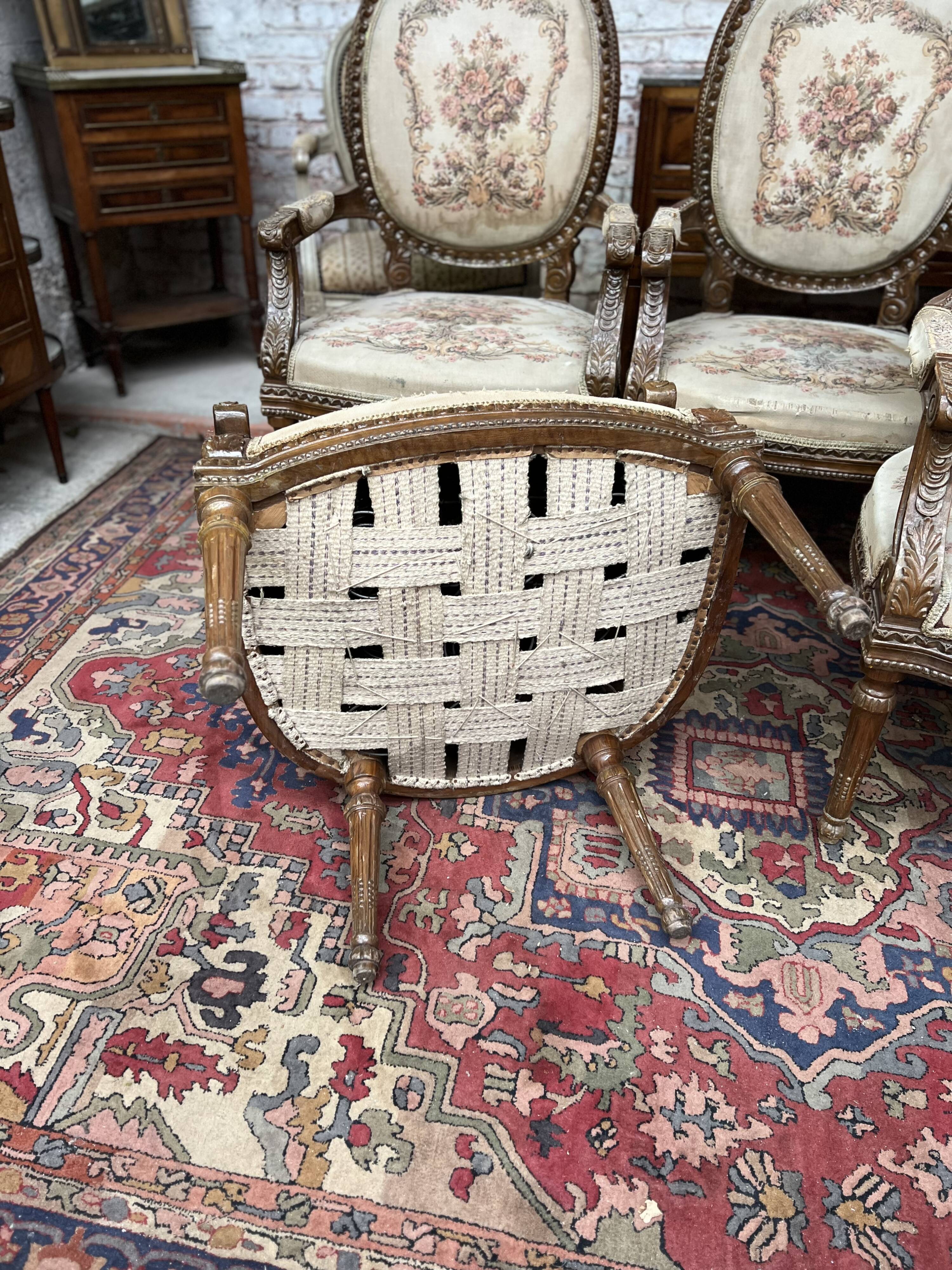 Suite of Five Armchairs with Back Medallion Louis XVI Style