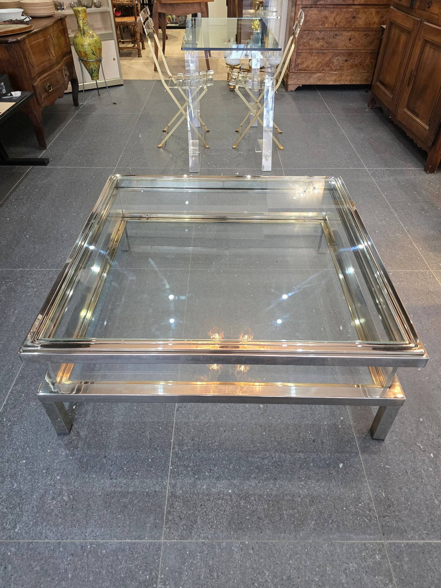 Sliding top coffee table – 70s design – chrome & glass – 108 cm