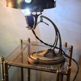 Lampe de table 1900 laiton cuivre ancienne a cabochon en verre  35x24