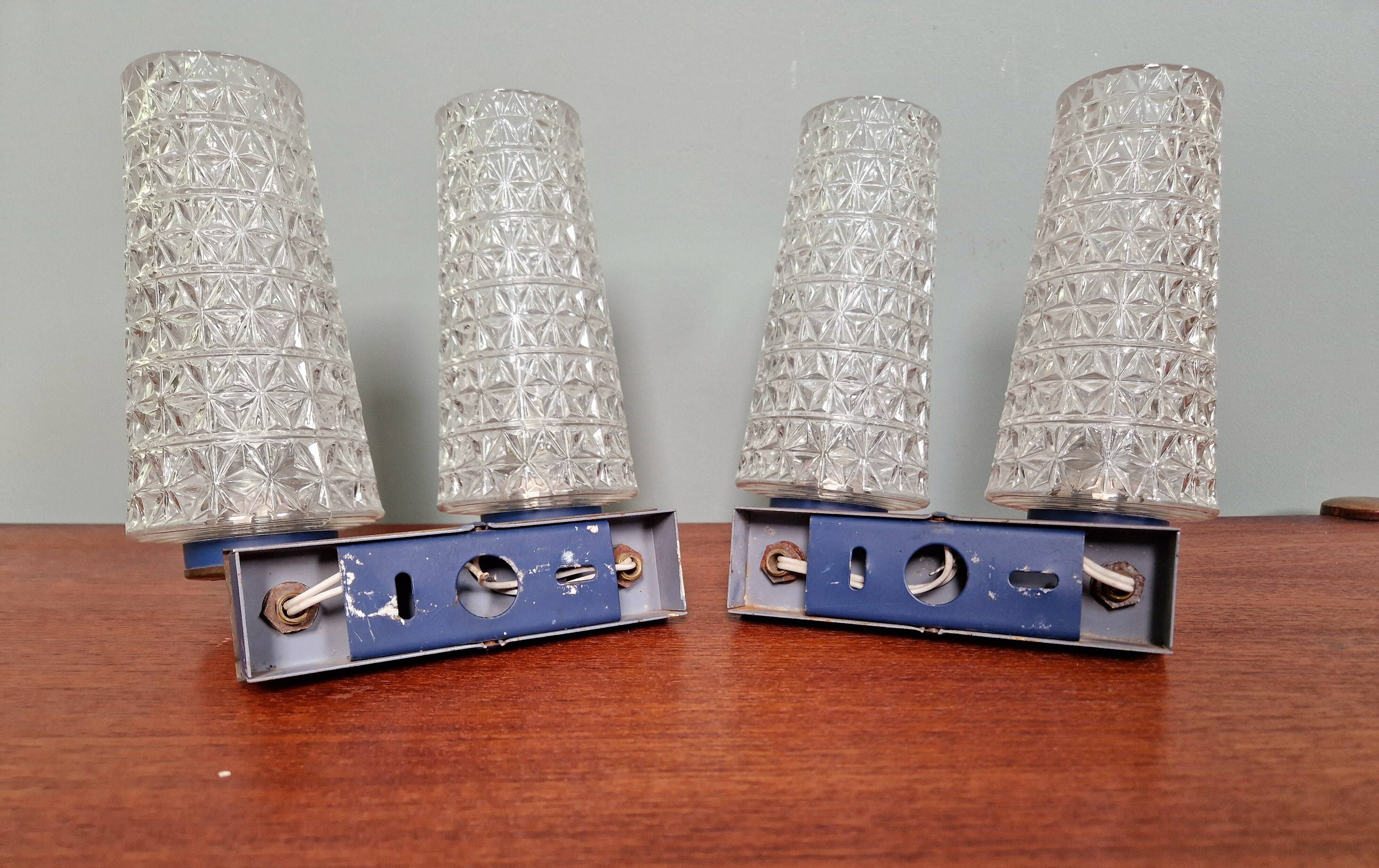 Pair of double wall lights in glass and blue lacquered metal, 1950s-60s