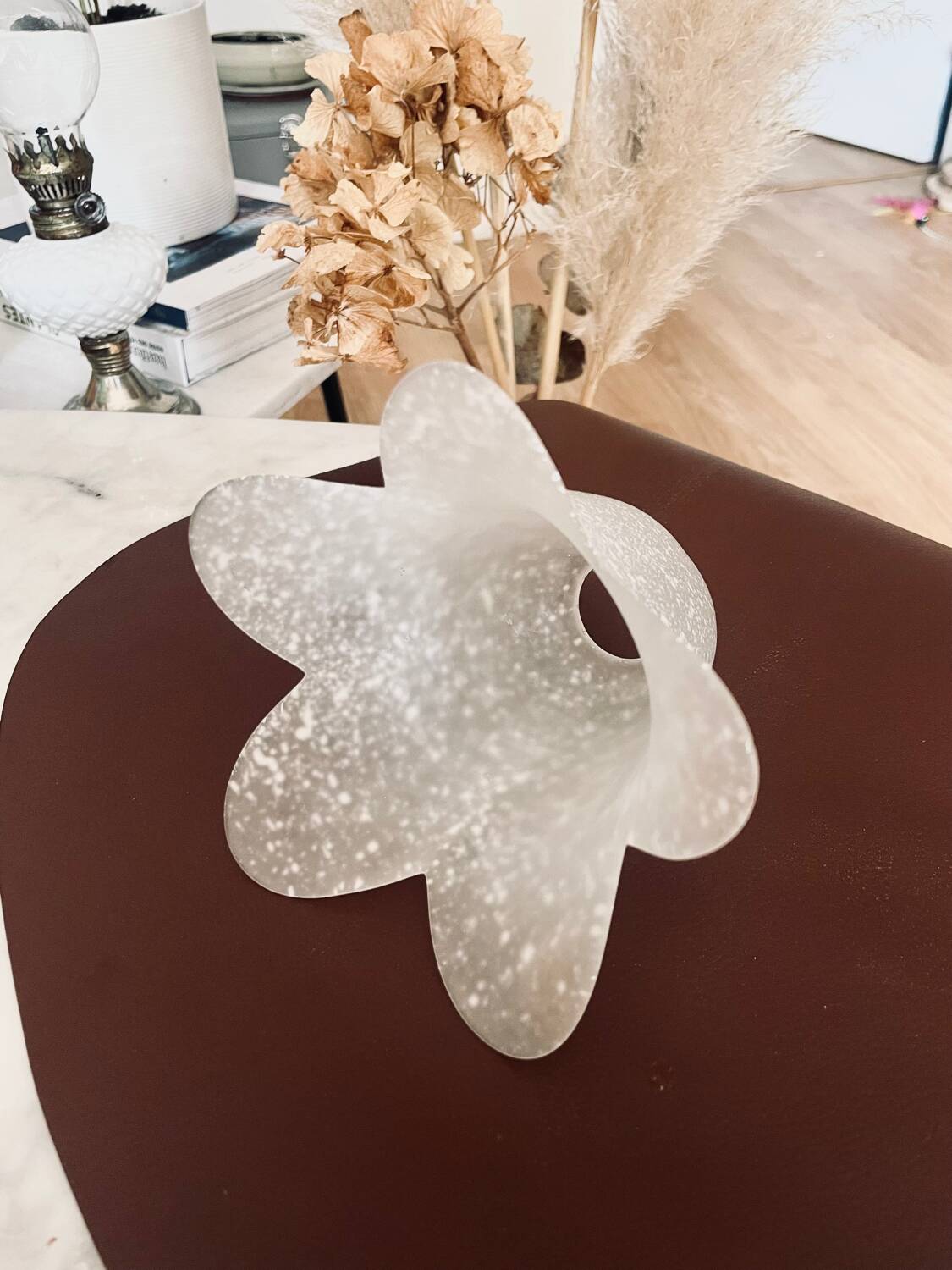 Tulip in white speckled glass paste flower