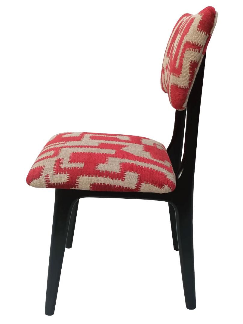 Chaise papillon du milieu du siècle, tissu jacquard rouge beige, bois noir, Europe, années 1960