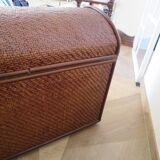 Vintage storage chest - curved - woven rattan - 1970s - mahogany colour