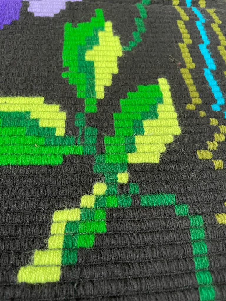 Floral handmade vintage rug, purple floral design with crochet border 145x174cm