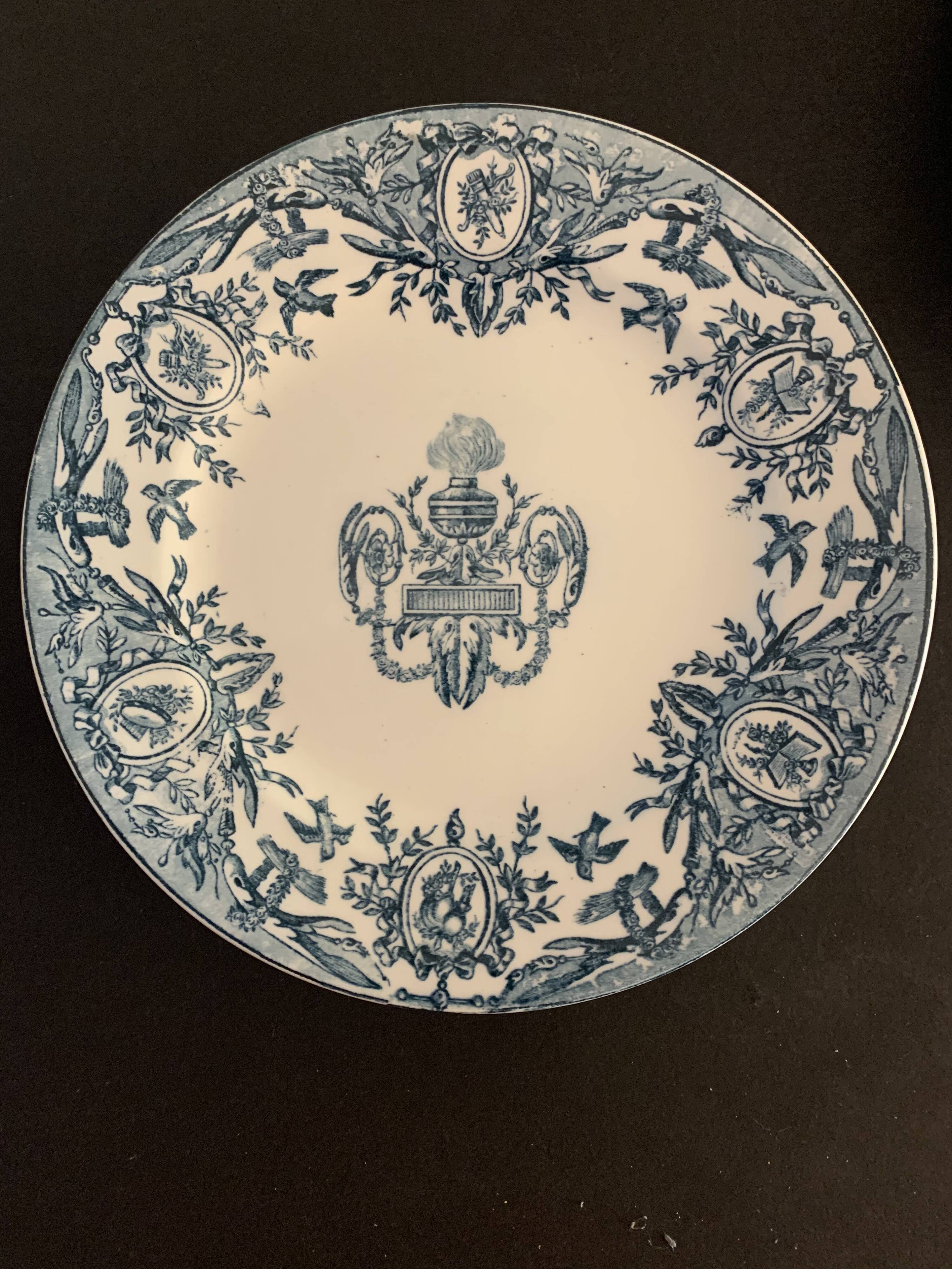10 old blue flat plates Terre de Fer Léon Graves model Louis XVI, twentieth century