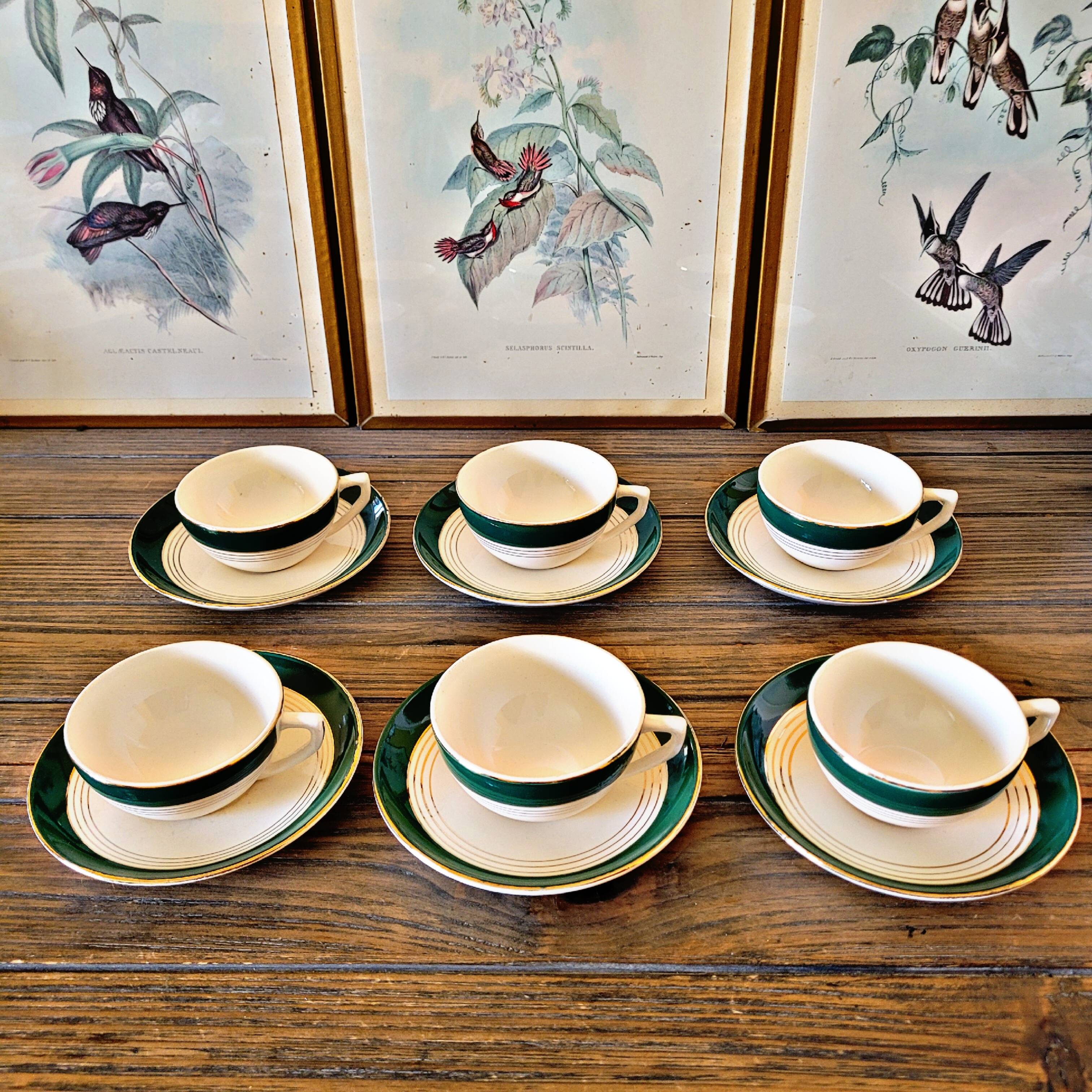 6 Digoin Sarreguemines green cups with gold trim (with saucers)