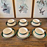 6 Digoin Sarreguemines green cups with gold trim (with saucers)