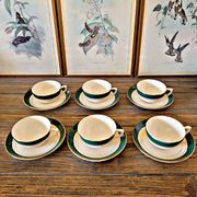 6 Digoin Sarreguemines green cups with gold trim (with saucers)