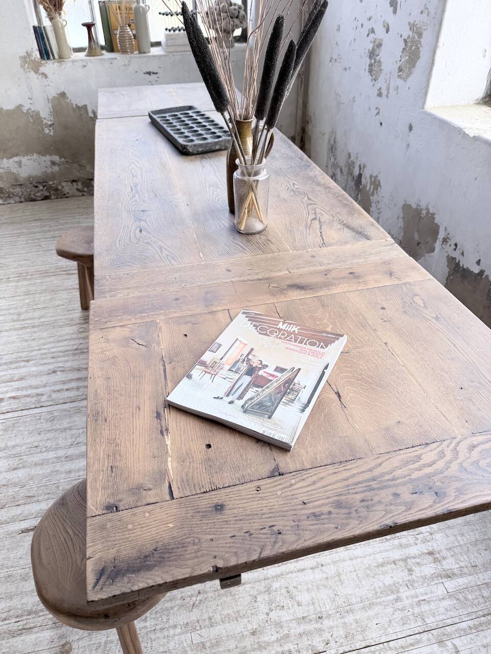 Solid oak farmhouse table with integrated extensions 1950