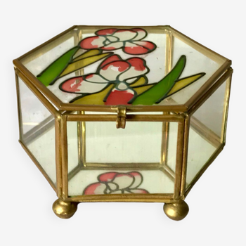 Boîte verre et laiton hexagonale décor floral émaillé